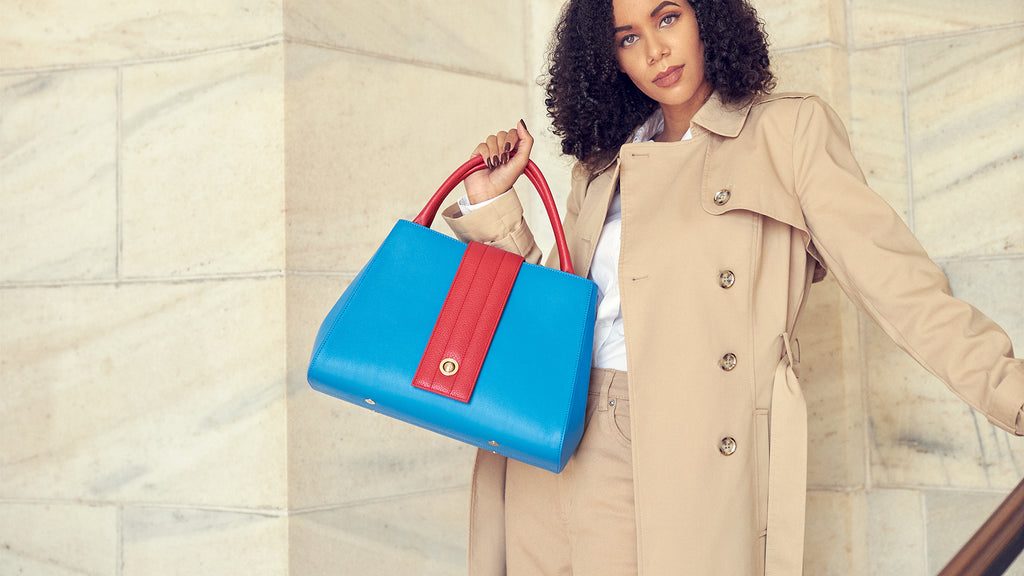Colorful blue and red leather designer handbag, classic everyday top handle handbag, creative fashion handbag, business casual style, Women's laptop bag, Tomoli Briffani Lean handbag, interchangeable leather bag