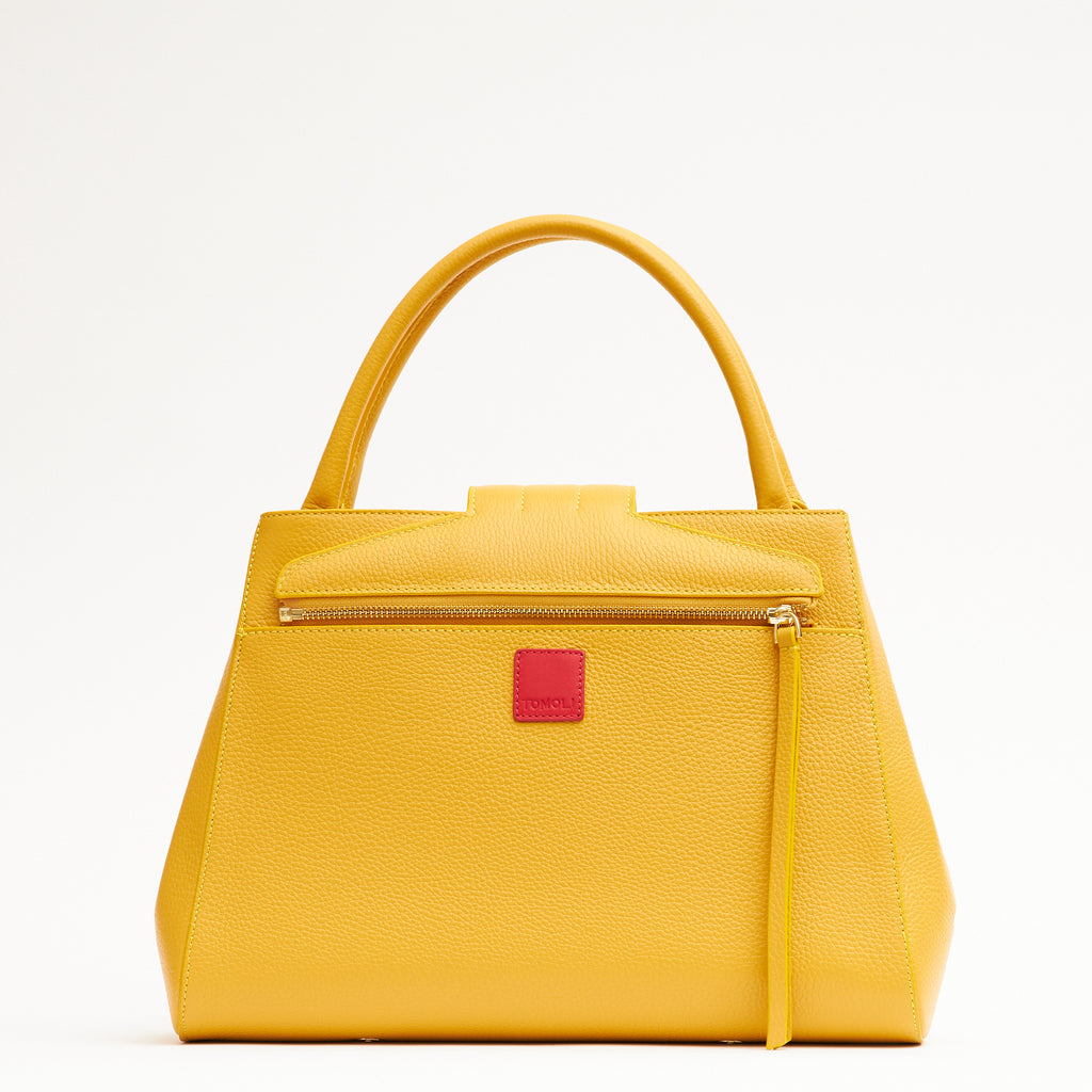 Designer golden yellow leather handbag, women interchangeable leather bag, women work bags, minimalist fashion bag, Fall and Winter bags, Fall 2025 fashion, designer shoulder bag, women's new handbags, women's oversized clutch bag, classic handbags, Tomoli Briffani Lean handbag in marigold yellow