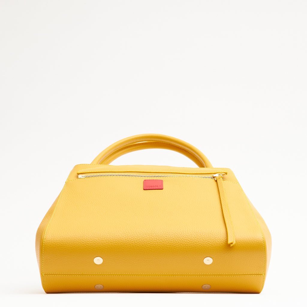 Designer golden yellow leather handbag, women interchangeable leather bag, women work bags, minimalist fashion bag, Fall and Winter bags, Fall 2025 fashion, designer shoulder bag, women's new handbags, women's oversized clutch bag, classic handbags, Tomoli Briffani Lean handbag in marigold yellow
