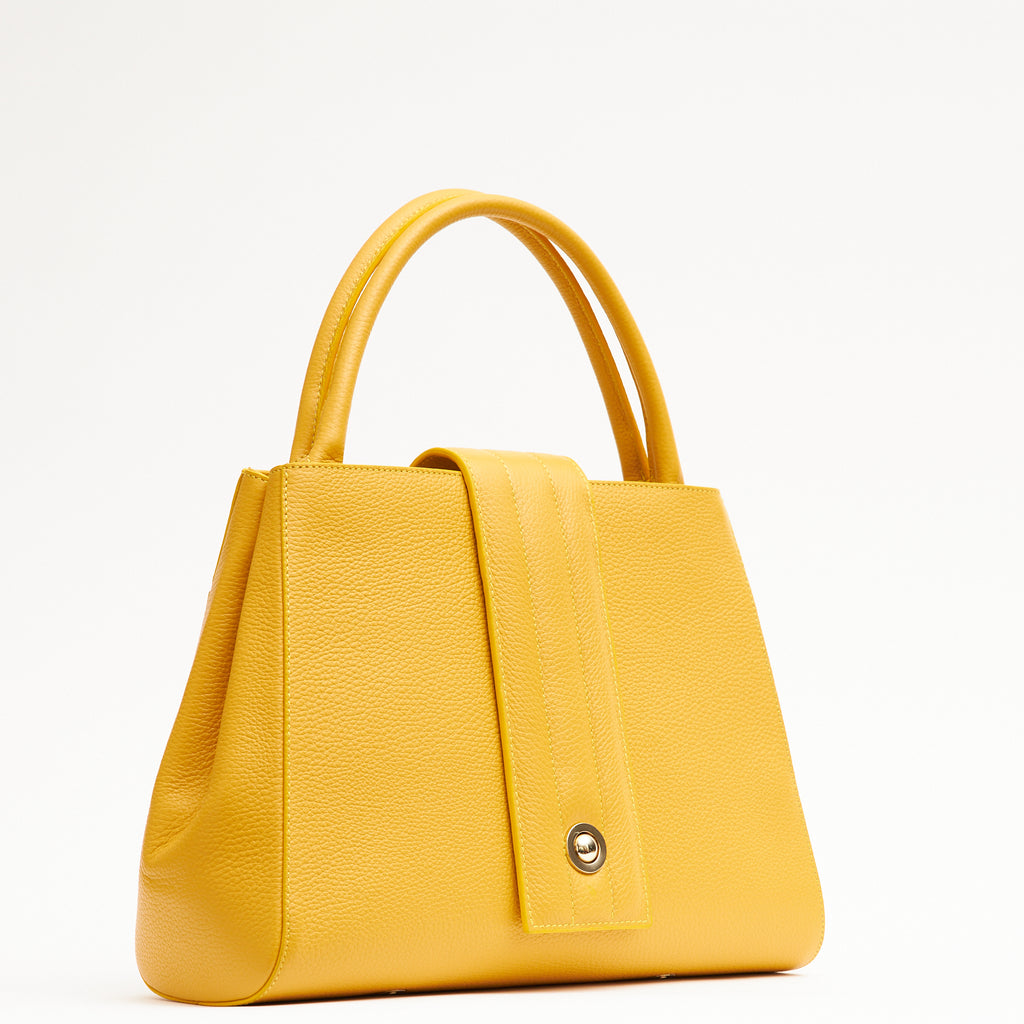 Designer golden yellow leather handbag, women interchangeable leather bag, women work bags, minimalist fashion bag, Fall and Winter bags, Fall 2025 fashion, designer shoulder bag, women's new handbags, women's oversized clutch bag, classic handbags, Tomoli Briffani Lean handbag in marigold yellow