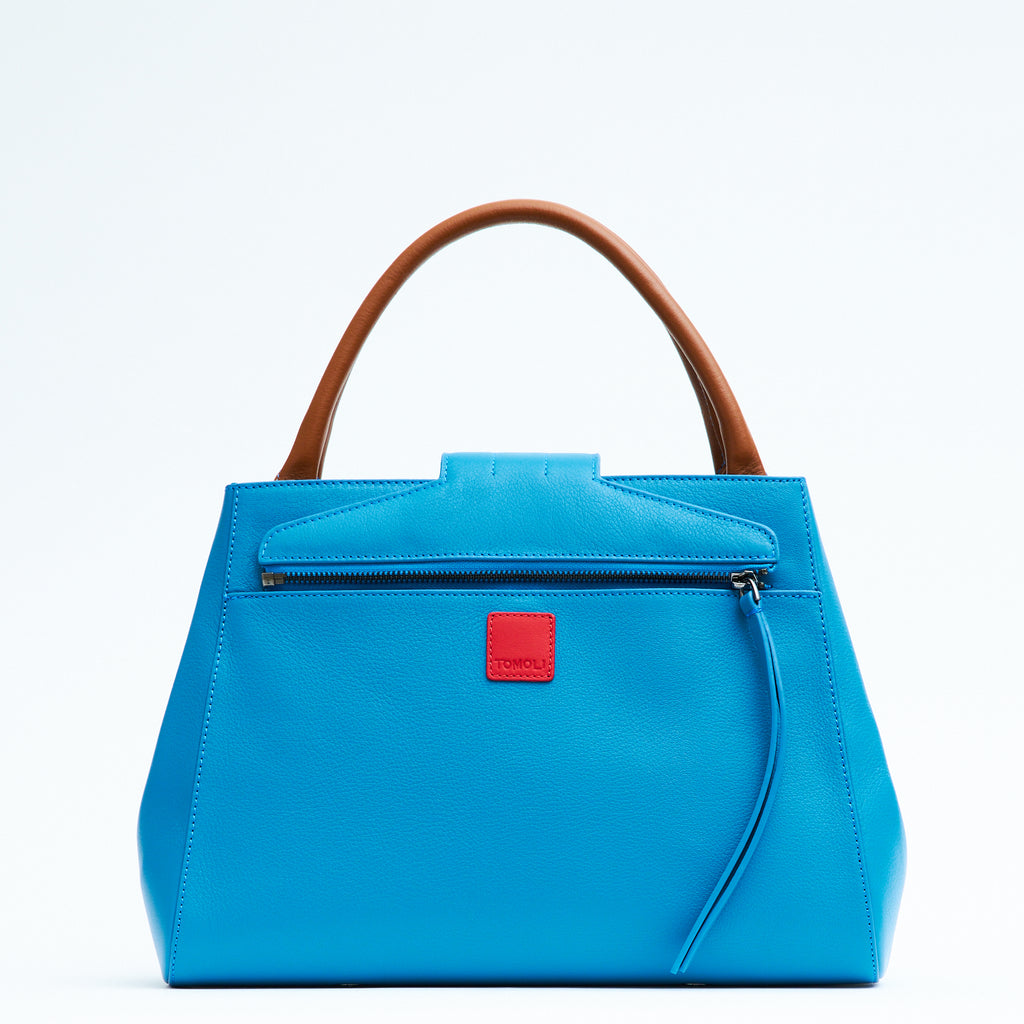 Designer turquoise blue leather handbag, women interchangeable leather bag, turquoise blue leather purse, women work bags, minimalist fashion bag, Fall and Winter bags, Fall 2025 fashion, designer shoulder bag, women's new handbags, Tomoli Briffani Lean handbag in sky blue