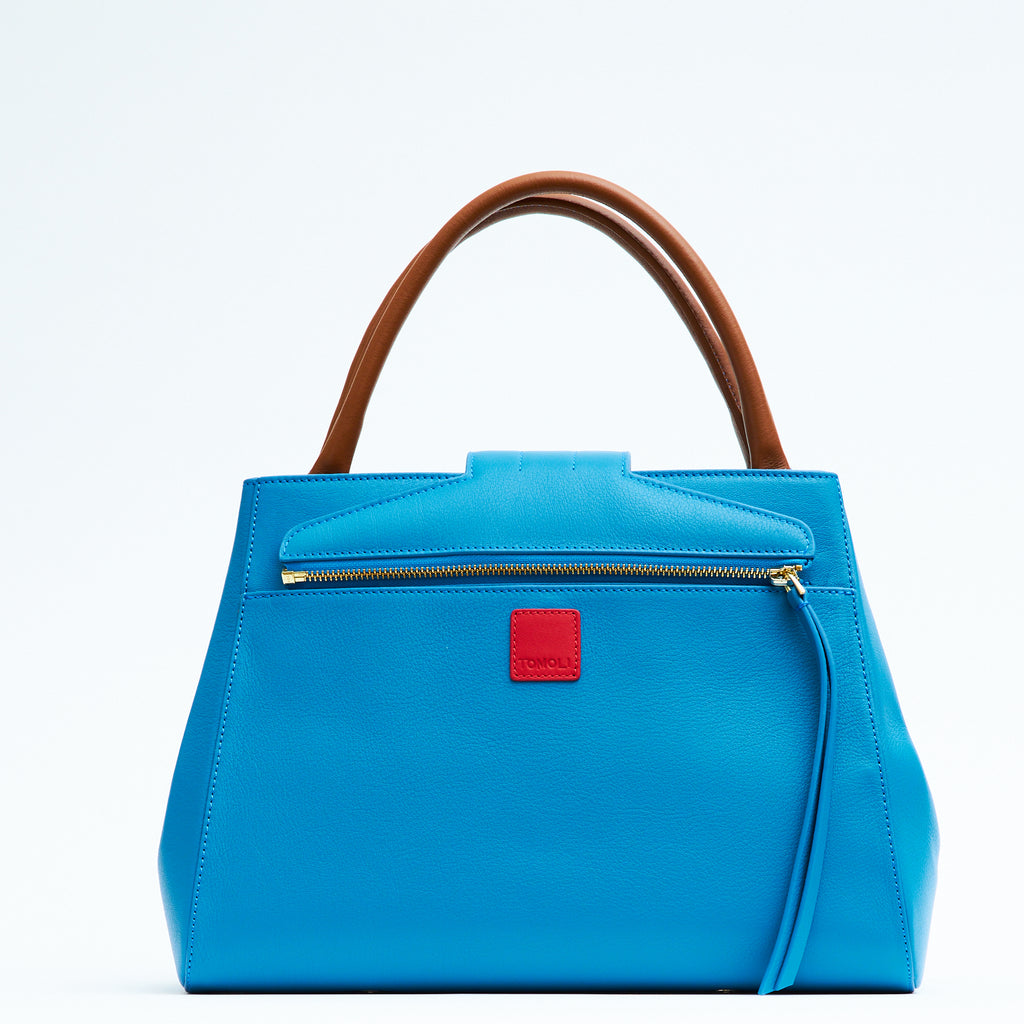 Designer turquoise blue leather handbag, women interchangeable leather bag, turquoise blue leather purse, women work bags, minimalist fashion bag, Fall and Winter bags, Fall 2025 fashion, designer shoulder bag, women's new handbags, Tomoli Briffani Lean handbag in sky blue