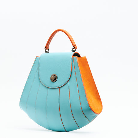 Designer blue leather bag, luxury handbags, color-blocked handbag, creative fashion design, blue colorful everyday handbag, top handle purse, Tomoli Gisel handbag in Blazing Marine